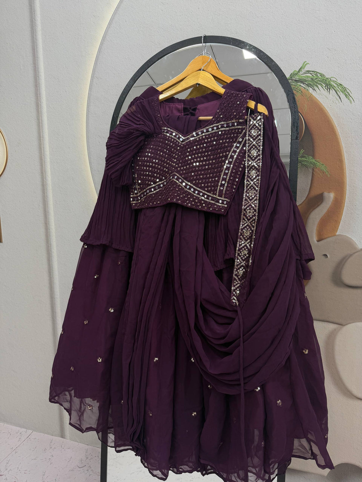 Designer Faux Georgette Lehenga Choli with Handcrafted Mirror & Thread Work, Heavy Sequin Embroidery and 3.50 Metre Double Flair