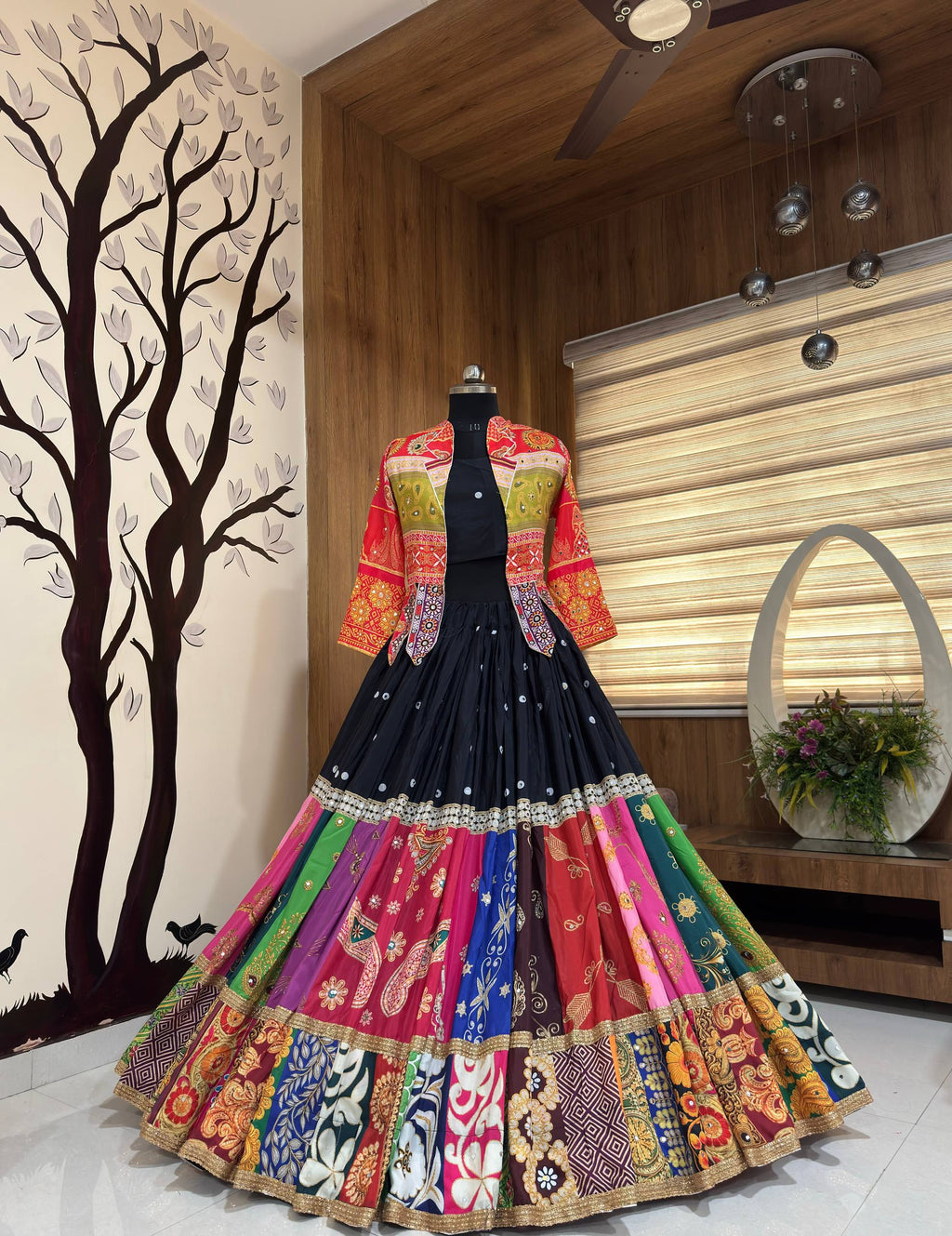 Raasrani Muslin Cotton Digital Print & Mirror Work Lehenga Choli with Koti Jacket