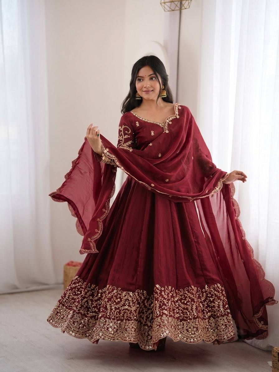 Designer Fendy Silk Gown Set with Heavy Embroidery Codding & Sequin Work, Full Sleeve Gown, Micro Cotton Pant and Matching Dupatta