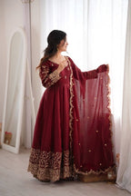 Designer Fendy Silk Gown Set with Heavy Embroidery Codding & Sequin Work, Full Sleeve Gown, Micro Cotton Pant and Matching Dupatta