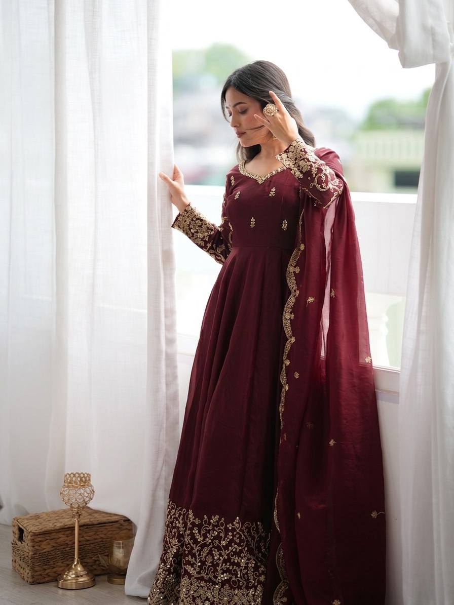 Designer Fendy Silk Gown Set with Heavy Embroidery Codding & Sequin Work, Full Sleeve Gown, Micro Cotton Pant and Matching Dupatta