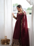 Designer Fendy Silk Gown Set with Heavy Embroidery Codding & Sequin Work, Full Sleeve Gown, Micro Cotton Pant and Matching Dupatta
