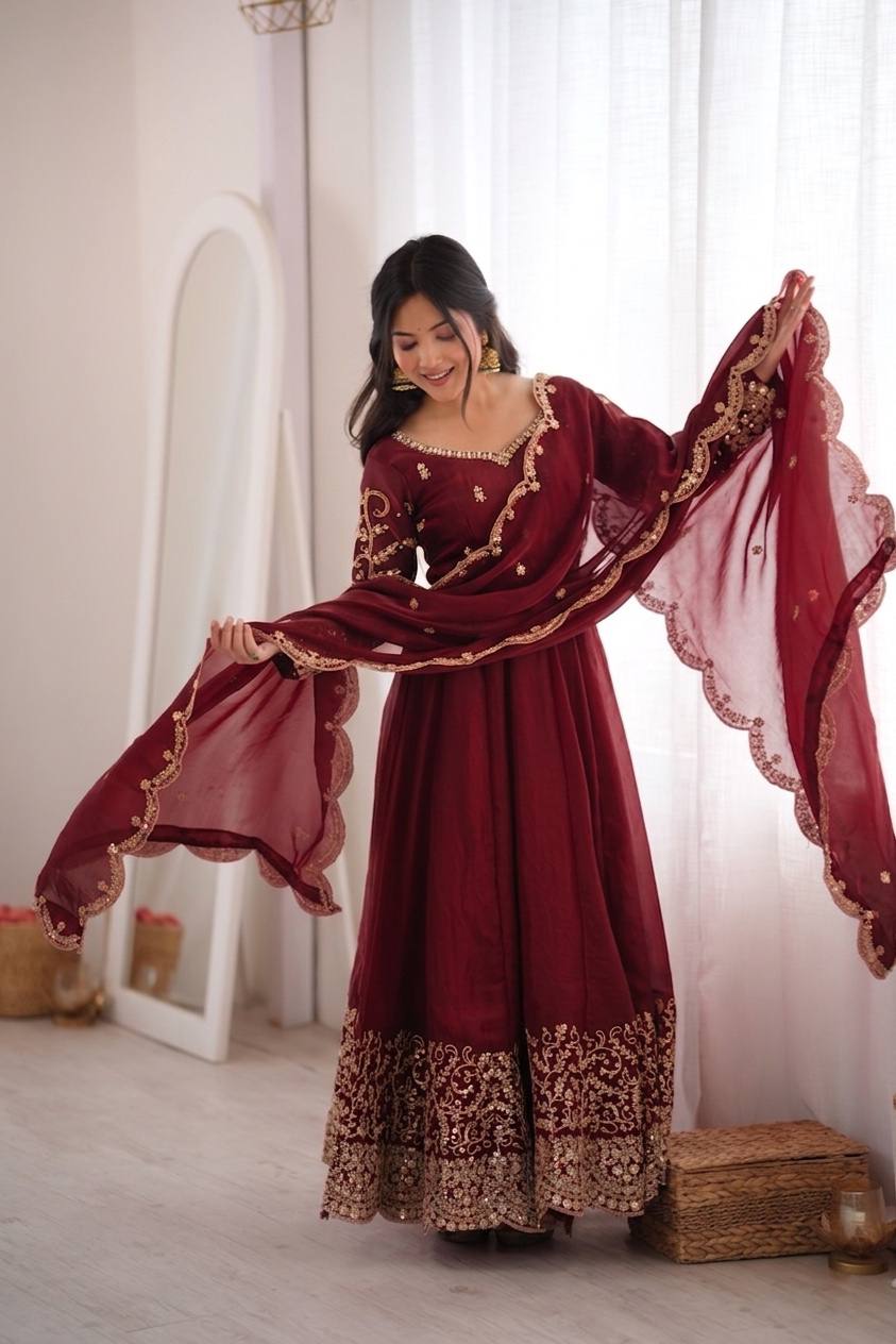 Designer Fendy Silk Gown Set with Heavy Embroidery Codding & Sequin Work, Full Sleeve Gown, Micro Cotton Pant and Matching Dupatta