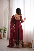 Designer Fendy Silk Gown Set with Heavy Embroidery Codding & Sequin Work, Full Sleeve Gown, Micro Cotton Pant and Matching Dupatta