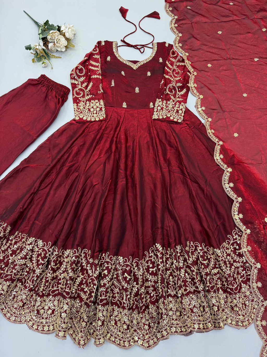 Designer Fendy Silk Gown Set with Heavy Embroidery Codding & Sequin Work, Full Sleeve Gown, Micro Cotton Pant and Matching Dupatta