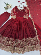Designer Fendy Silk Gown Set with Heavy Embroidery Codding & Sequin Work, Full Sleeve Gown, Micro Cotton Pant and Matching Dupatta