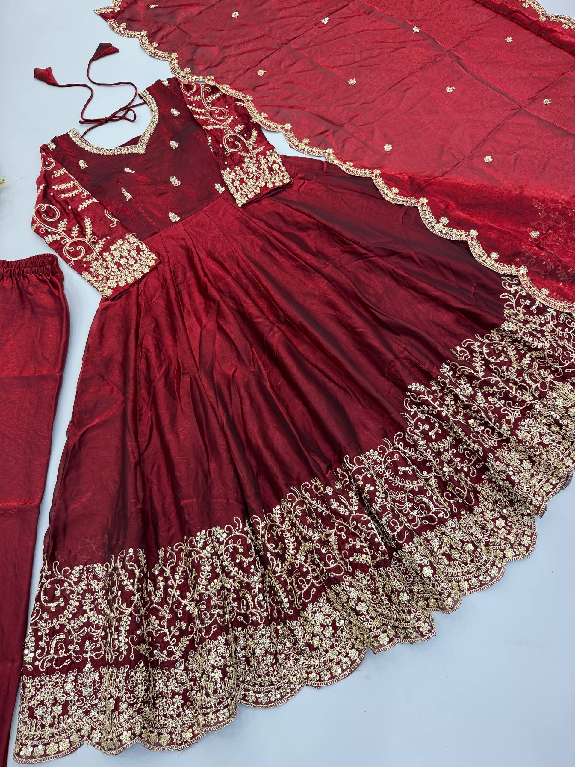 Designer Fendy Silk Gown Set with Heavy Embroidery Codding & Sequin Work, Full Sleeve Gown, Micro Cotton Pant and Matching Dupatta