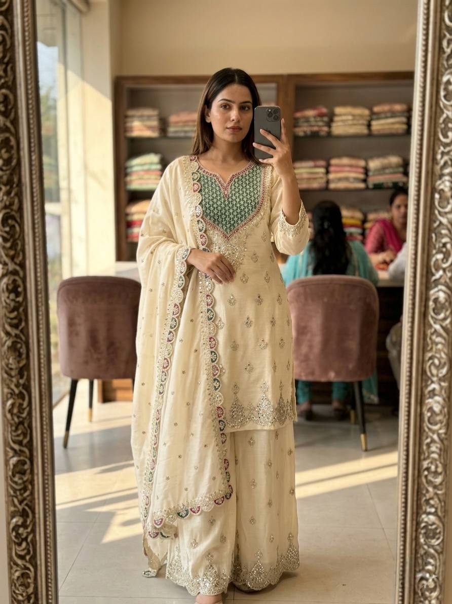 Myra Chinon Silk Mirror Diamond Embroidered Palazzo Suit with Dupatta