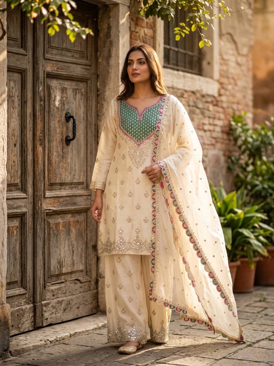 Myra Chinon Silk Mirror Diamond Embroidered Palazzo Suit with Dupatta