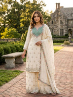 Myra Chinon Silk Mirror Diamond Embroidered Palazzo Suit with Dupatta
