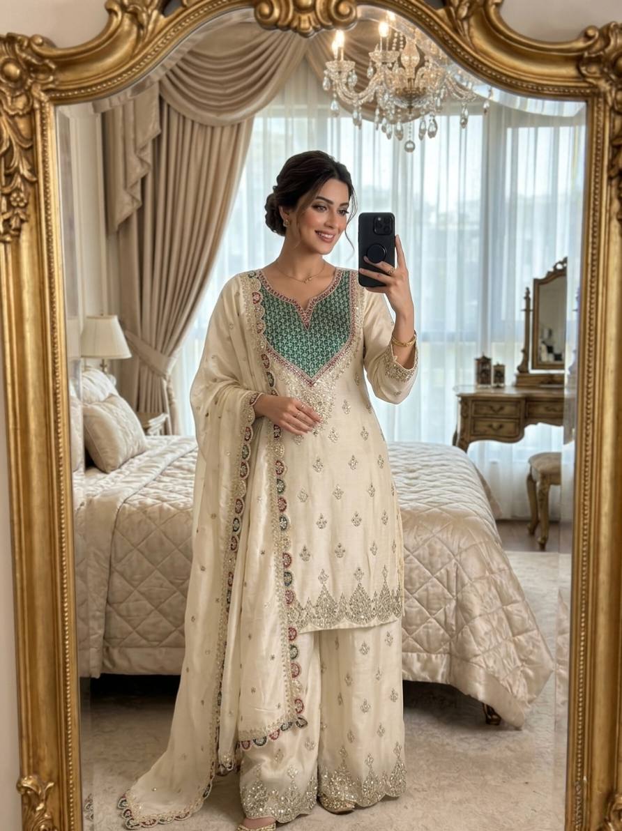 Myra Chinon Silk Mirror Diamond Embroidered Palazzo Suit with Dupatta