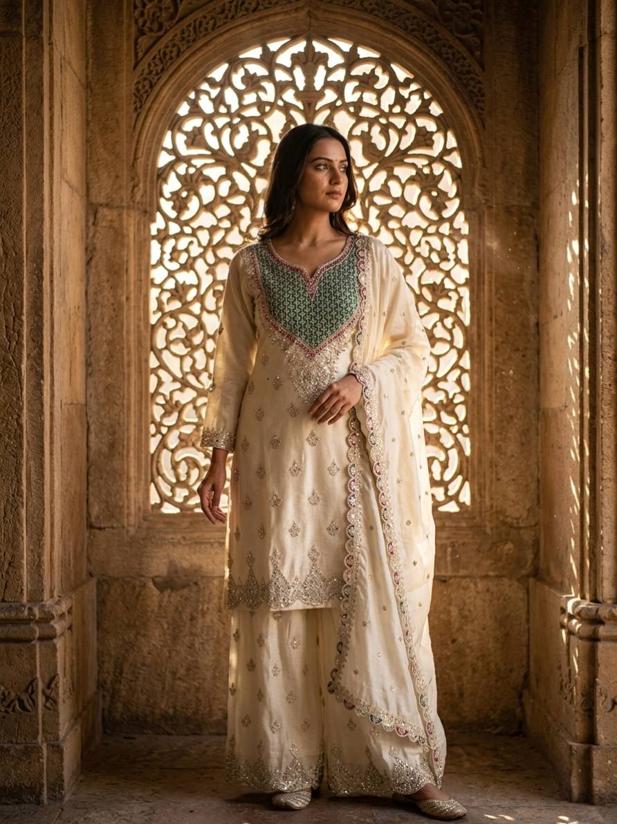 Myra Chinon Silk Mirror Diamond Embroidered Palazzo Suit with Dupatta