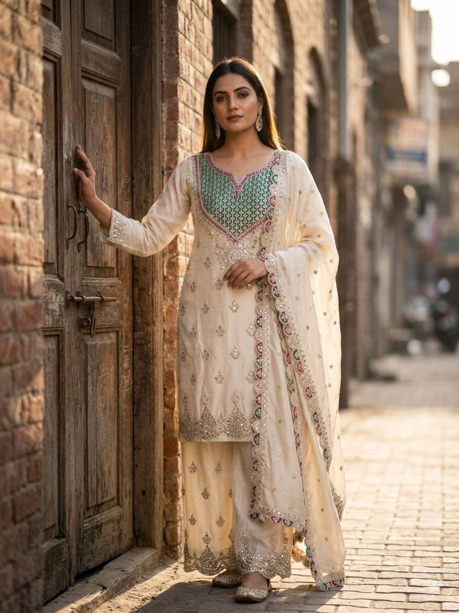 Myra Chinon Silk Mirror Diamond Embroidered Palazzo Suit with Dupatta