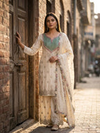 Myra Chinon Silk Mirror Diamond Embroidered Palazzo Suit with Dupatta
