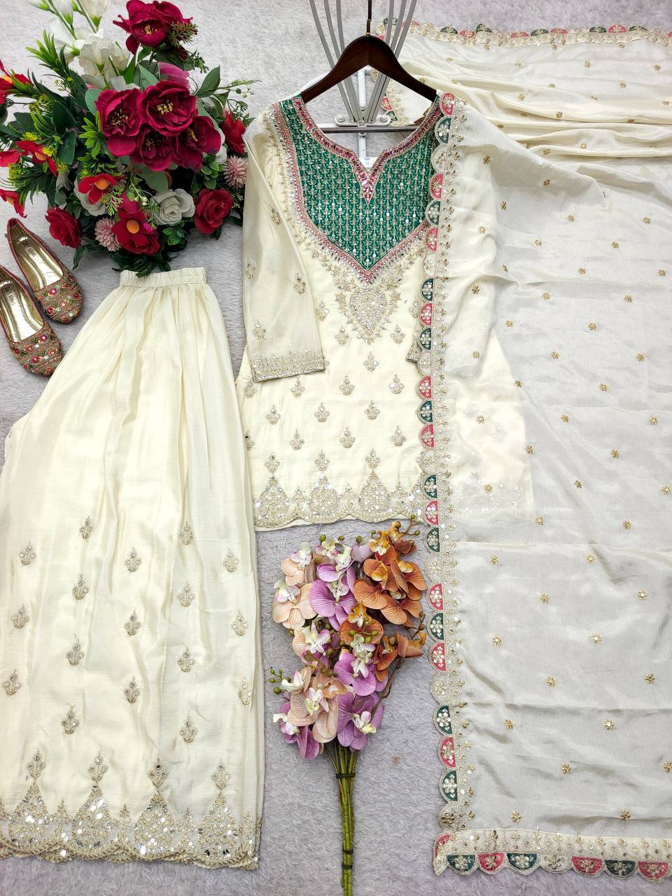 Myra Chinon Silk Mirror Diamond Embroidered Palazzo Suit with Dupatta