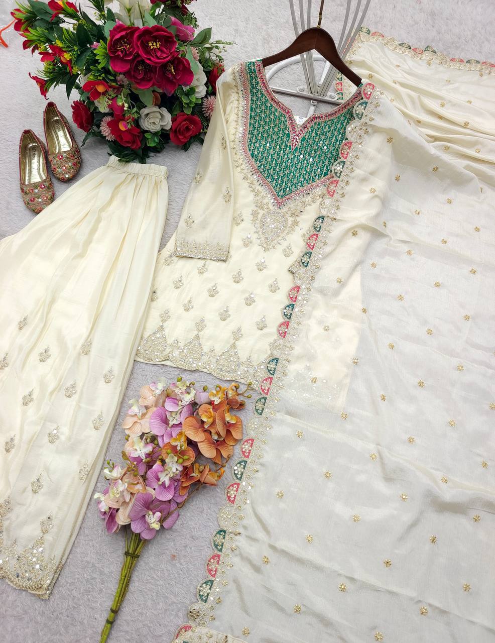 Myra Chinon Silk Mirror Diamond Embroidered Palazzo Suit with Dupatta