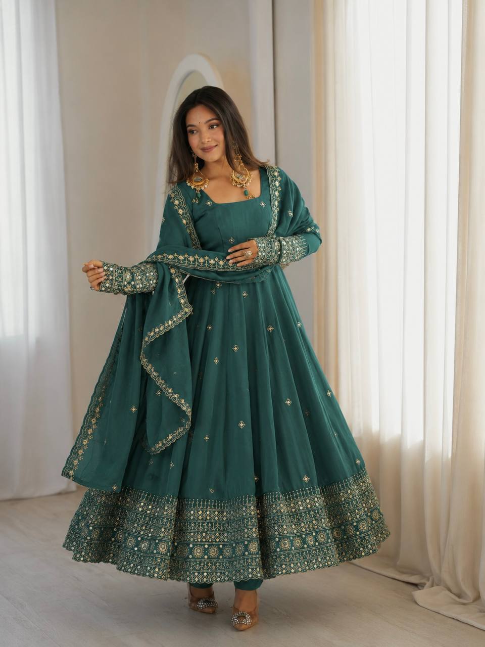 Ravellea Designer Rangoli Crush Silk Embroidered Anarkali Gown with Sequence Work, Heavy Butter Silk Bottom & Embroidered Dupatta 3-Piece Ethnic Wear Set