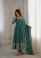 Ravellea Designer Rangoli Crush Silk Embroidered Anarkali Gown with Sequence Work, Heavy Butter Silk Bottom & Embroidered Dupatta 3-Piece Ethnic Wear Set