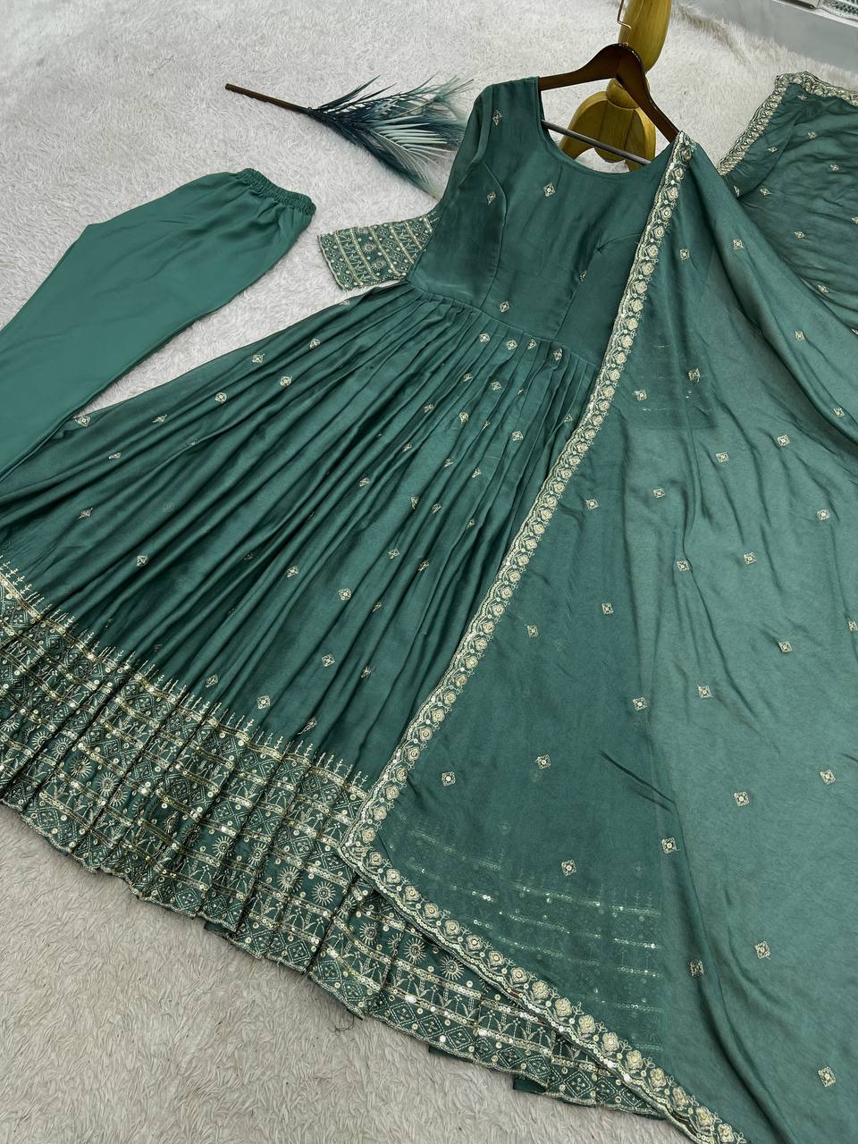 Ravellea Designer Rangoli Crush Silk Embroidered Anarkali Gown with Sequence Work, Heavy Butter Silk Bottom & Embroidered Dupatta 3-Piece Ethnic Wear Set