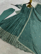Ravellea Designer Rangoli Crush Silk Embroidered Anarkali Gown with Sequence Work, Heavy Butter Silk Bottom & Embroidered Dupatta 3-Piece Ethnic Wear Set