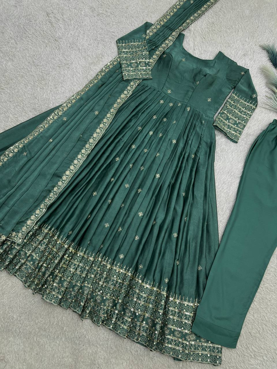 Ravellea Designer Rangoli Crush Silk Embroidered Anarkali Gown with Sequence Work, Heavy Butter Silk Bottom & Embroidered Dupatta 3-Piece Ethnic Wear Set