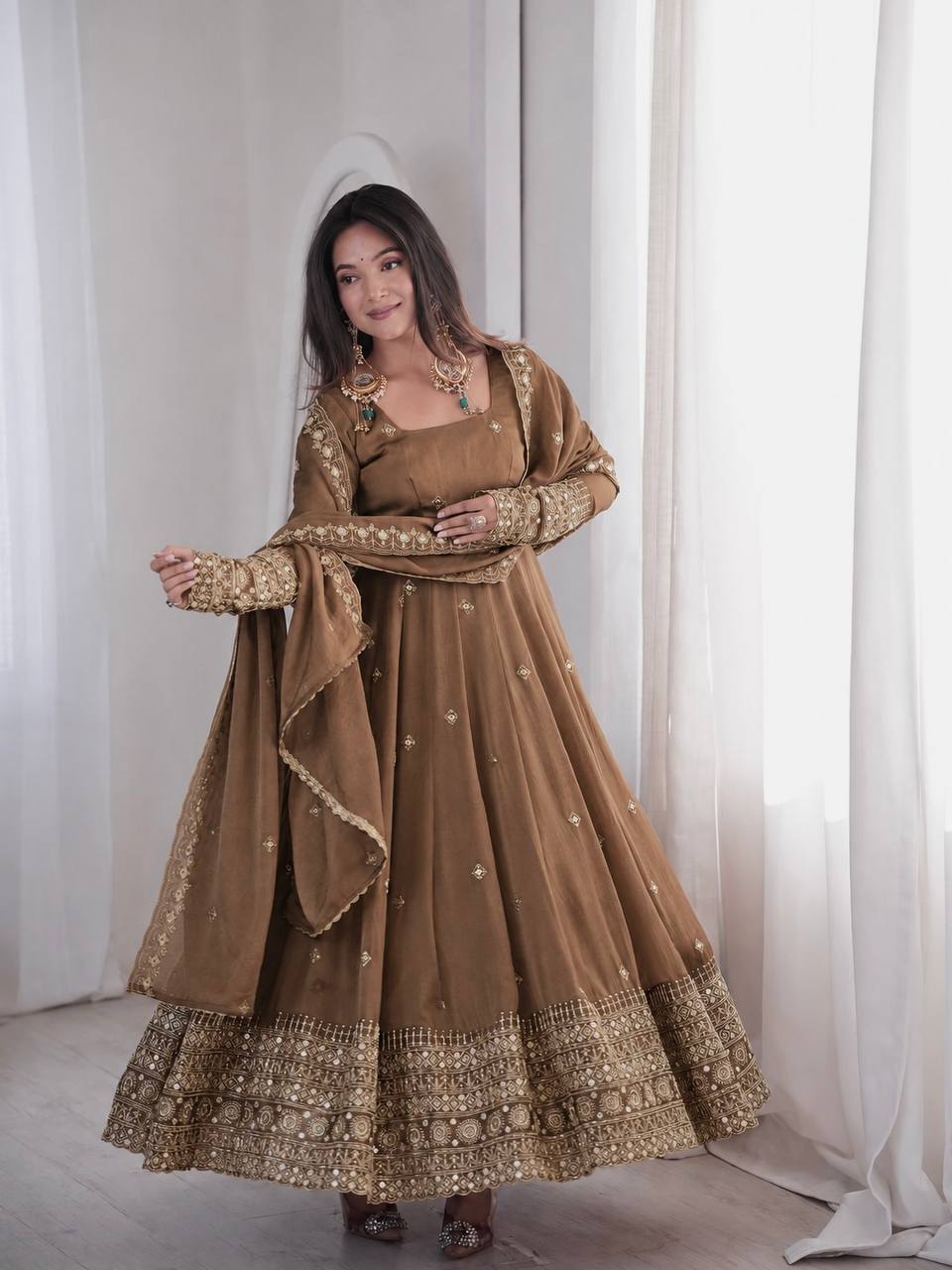 Ravellea Designer Rangoli Crush Silk Embroidered Anarkali Gown with Sequence Work, Heavy Butter Silk Bottom & Embroidered Dupatta 3-Piece Ethnic Wear Set