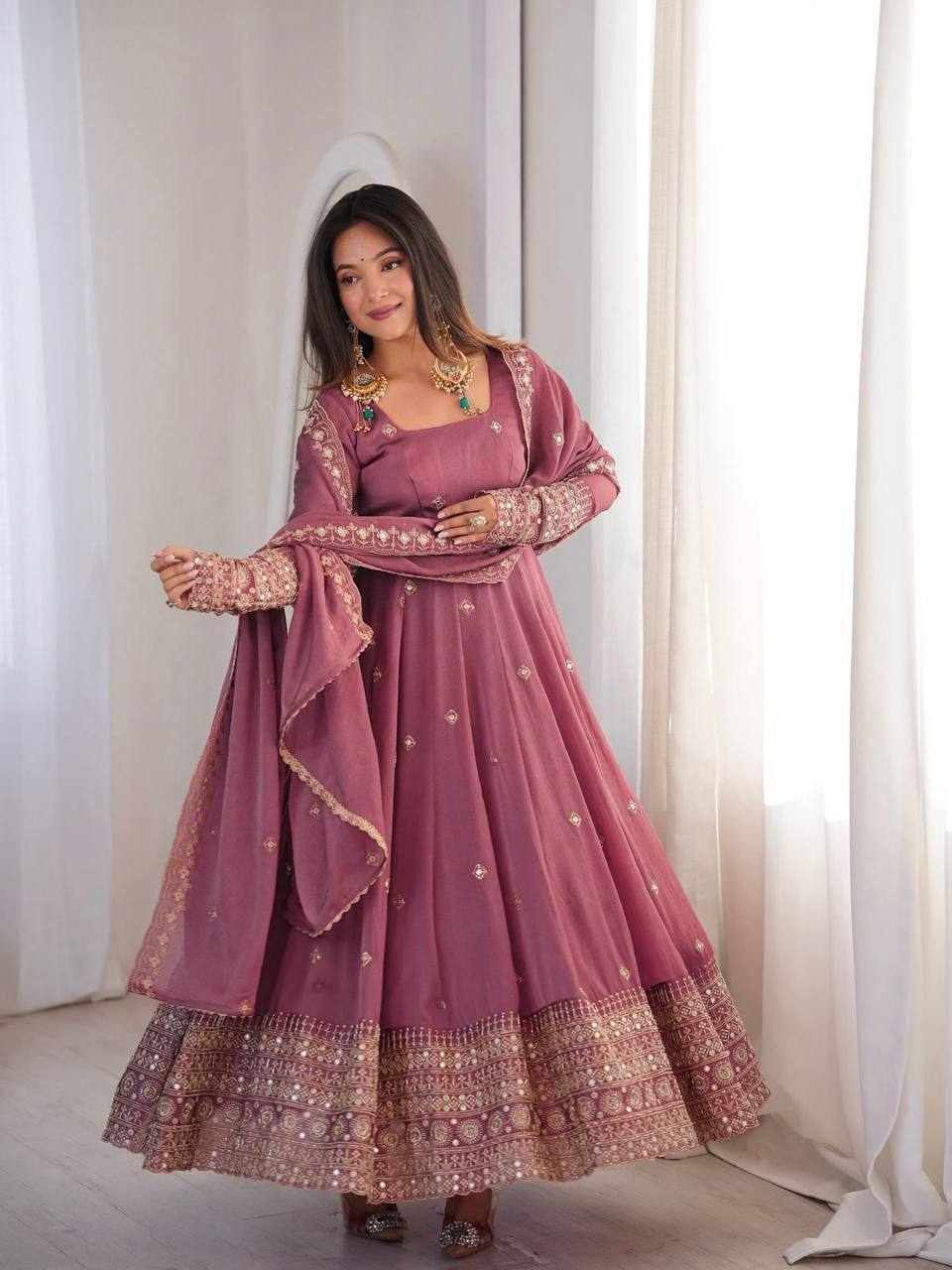Ravellea Designer Rangoli Crush Silk Embroidered Anarkali Gown with Sequence Work, Heavy Butter Silk Bottom & Embroidered Dupatta 3-Piece Ethnic Wear Set
