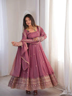 Ravellea Designer Rangoli Crush Silk Embroidered Anarkali Gown with Sequence Work, Heavy Butter Silk Bottom & Embroidered Dupatta 3-Piece Ethnic Wear Set