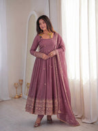 Ravellea Designer Rangoli Crush Silk Embroidered Anarkali Gown with Sequence Work, Heavy Butter Silk Bottom & Embroidered Dupatta 3-Piece Ethnic Wear Set