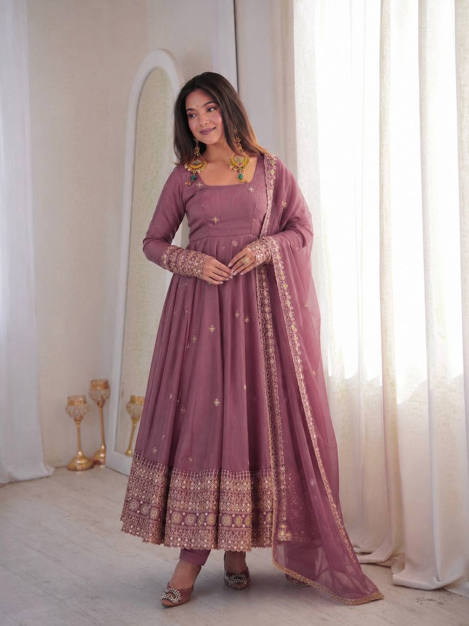 Ravellea Designer Rangoli Crush Silk Embroidered Anarkali Gown with Sequence Work, Heavy Butter Silk Bottom & Embroidered Dupatta 3-Piece Ethnic Wear Set