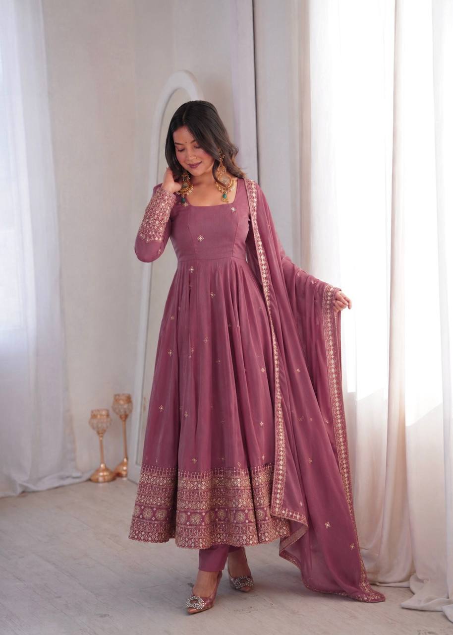 Ravellea Designer Rangoli Crush Silk Embroidered Anarkali Gown with Sequence Work, Heavy Butter Silk Bottom & Embroidered Dupatta 3-Piece Ethnic Wear Set