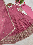 Ravellea Designer Rangoli Crush Silk Embroidered Anarkali Gown with Sequence Work, Heavy Butter Silk Bottom & Embroidered Dupatta 3-Piece Ethnic Wear Set
