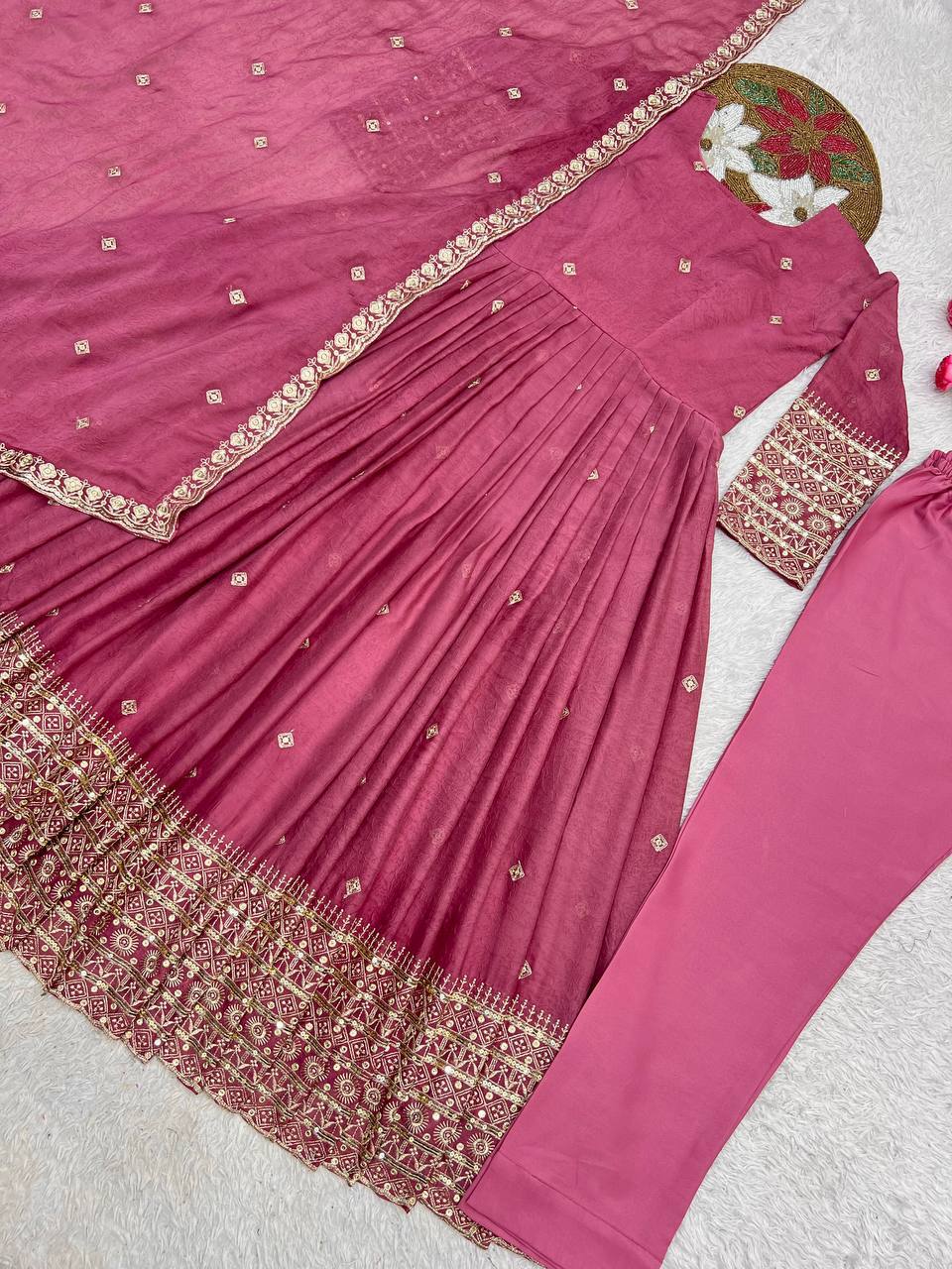 Ravellea Designer Rangoli Crush Silk Embroidered Anarkali Gown with Sequence Work, Heavy Butter Silk Bottom & Embroidered Dupatta 3-Piece Ethnic Wear Set