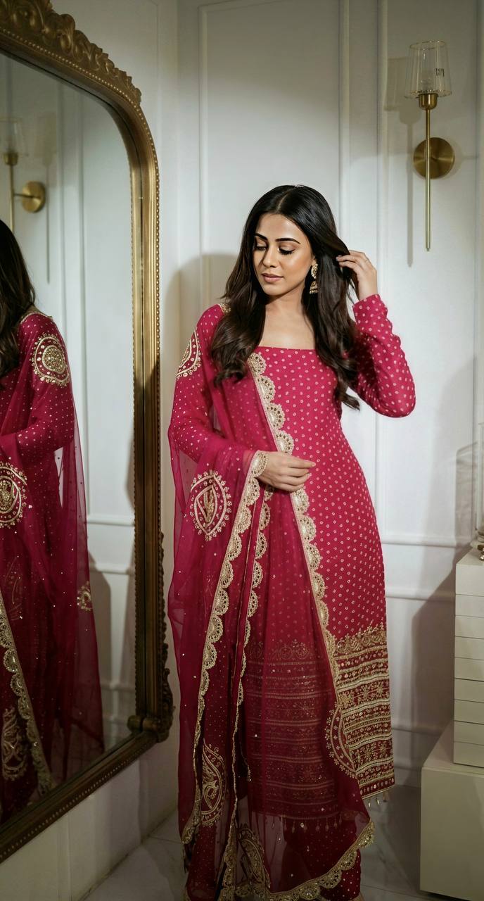 Eshana Hot Pink Georgette Straight Fit Suit with Embroidery Work