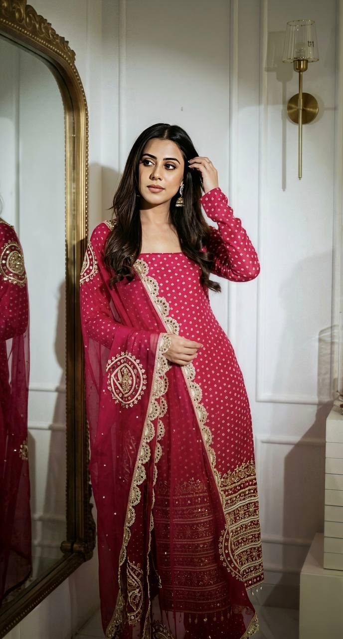 Eshana Hot Pink Georgette Straight Fit Suit with Embroidery Work