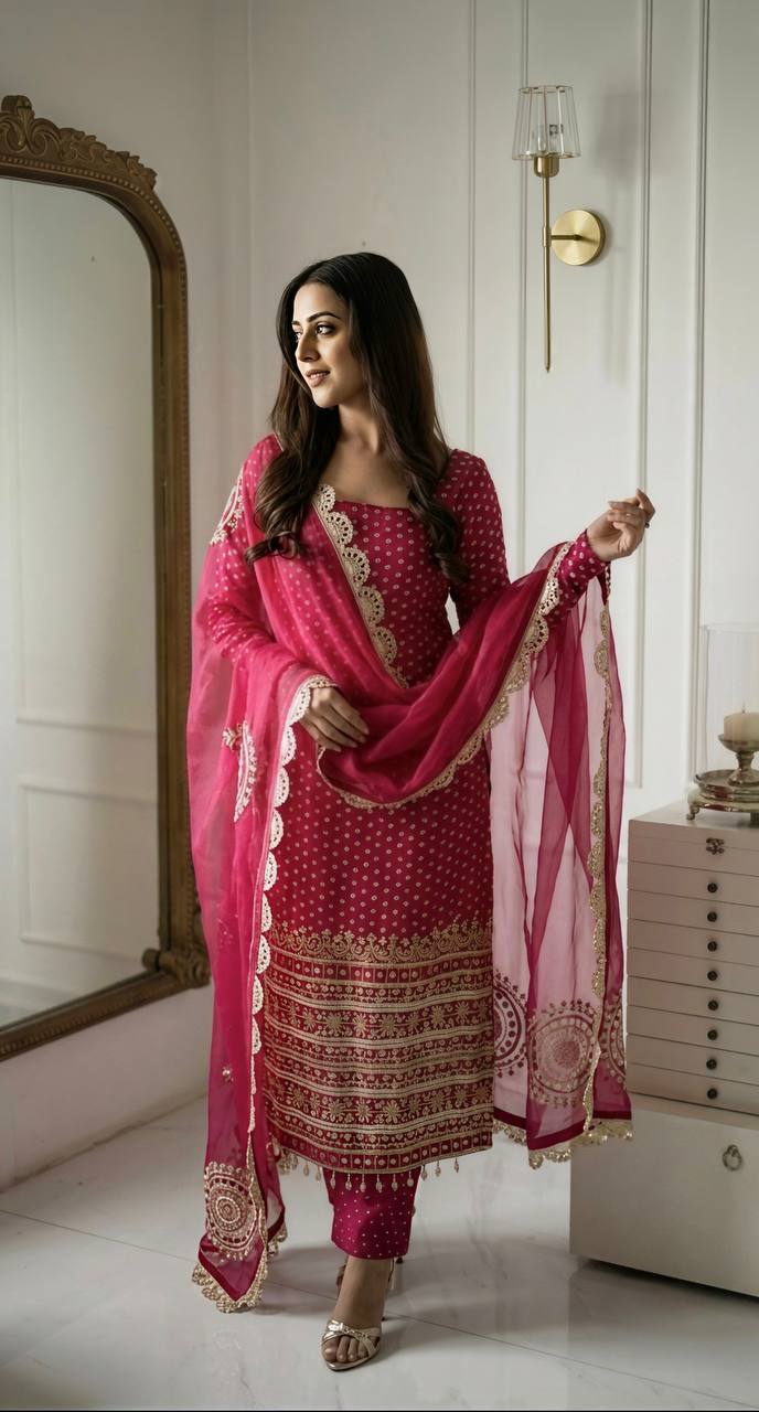 Eshana Hot Pink Georgette Straight Fit Suit with Embroidery Work