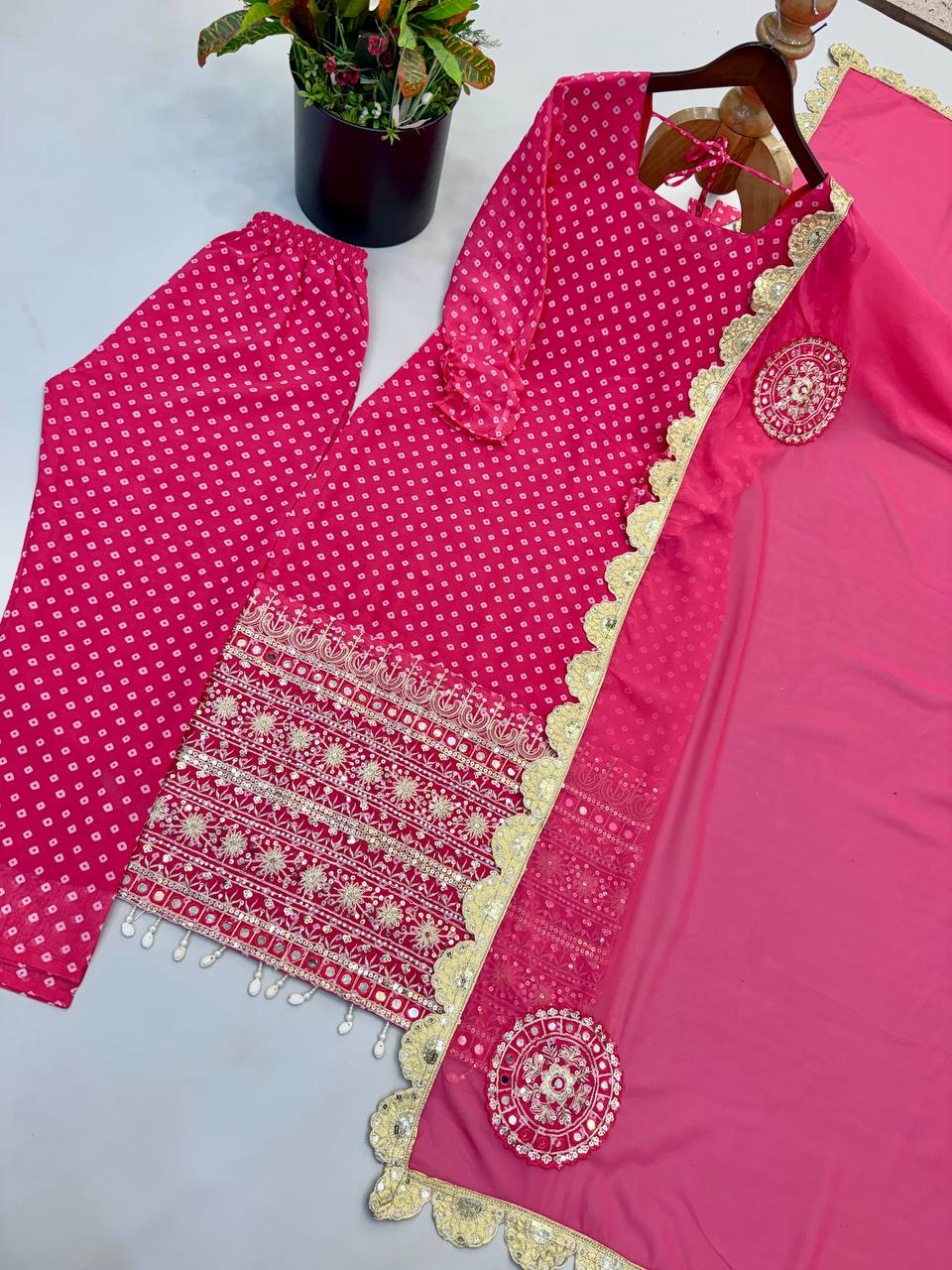 Eshana Hot Pink Georgette Straight Fit Suit with Embroidery Work