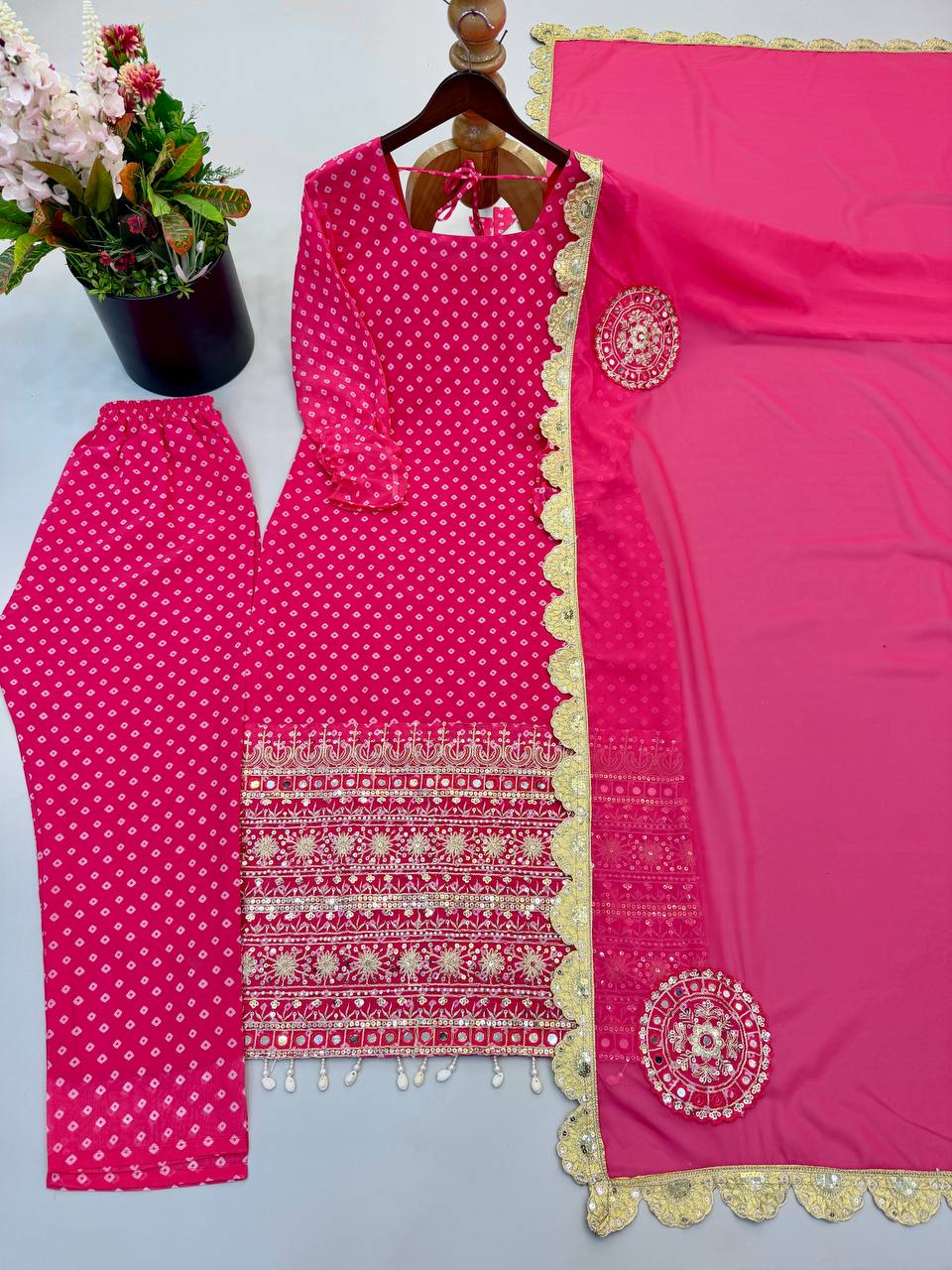 Eshana Hot Pink Georgette Straight Fit Suit with Embroidery Work
