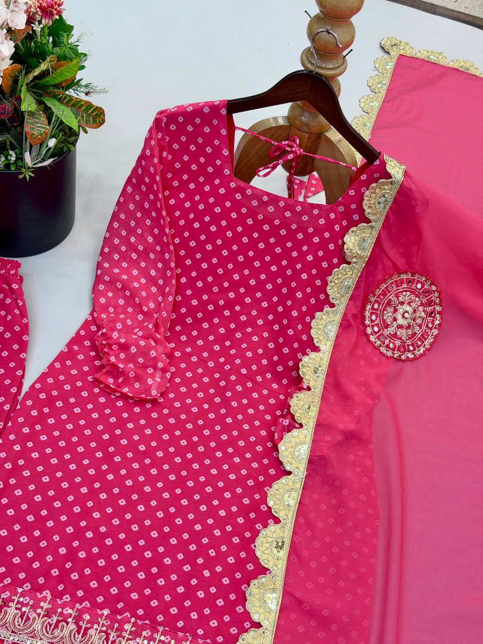 Eshana Hot Pink Georgette Straight Fit Suit with Embroidery Work