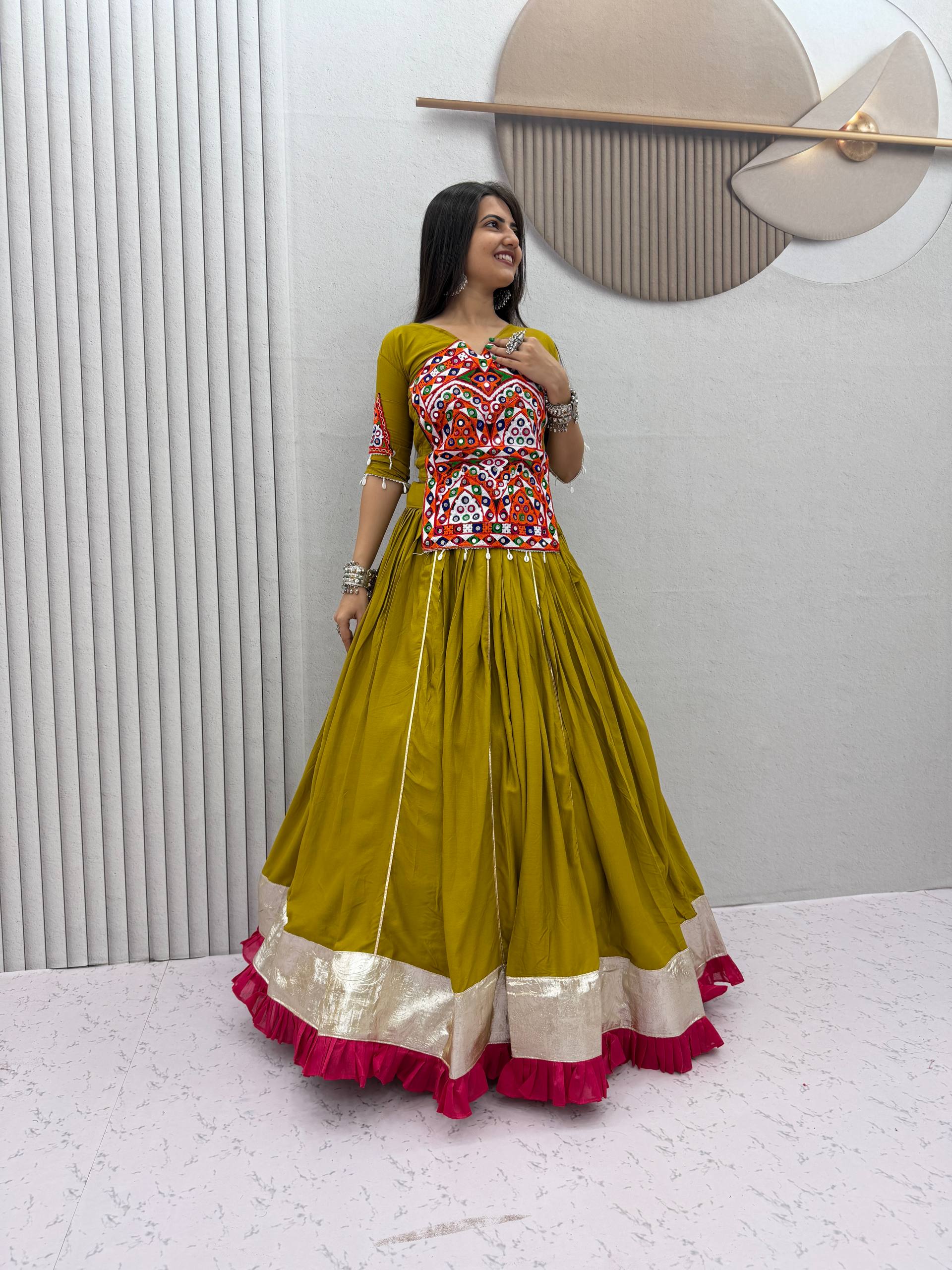 Garvi Olive Kutchi Gamthi & Mirror Work Lehenga Choli Set