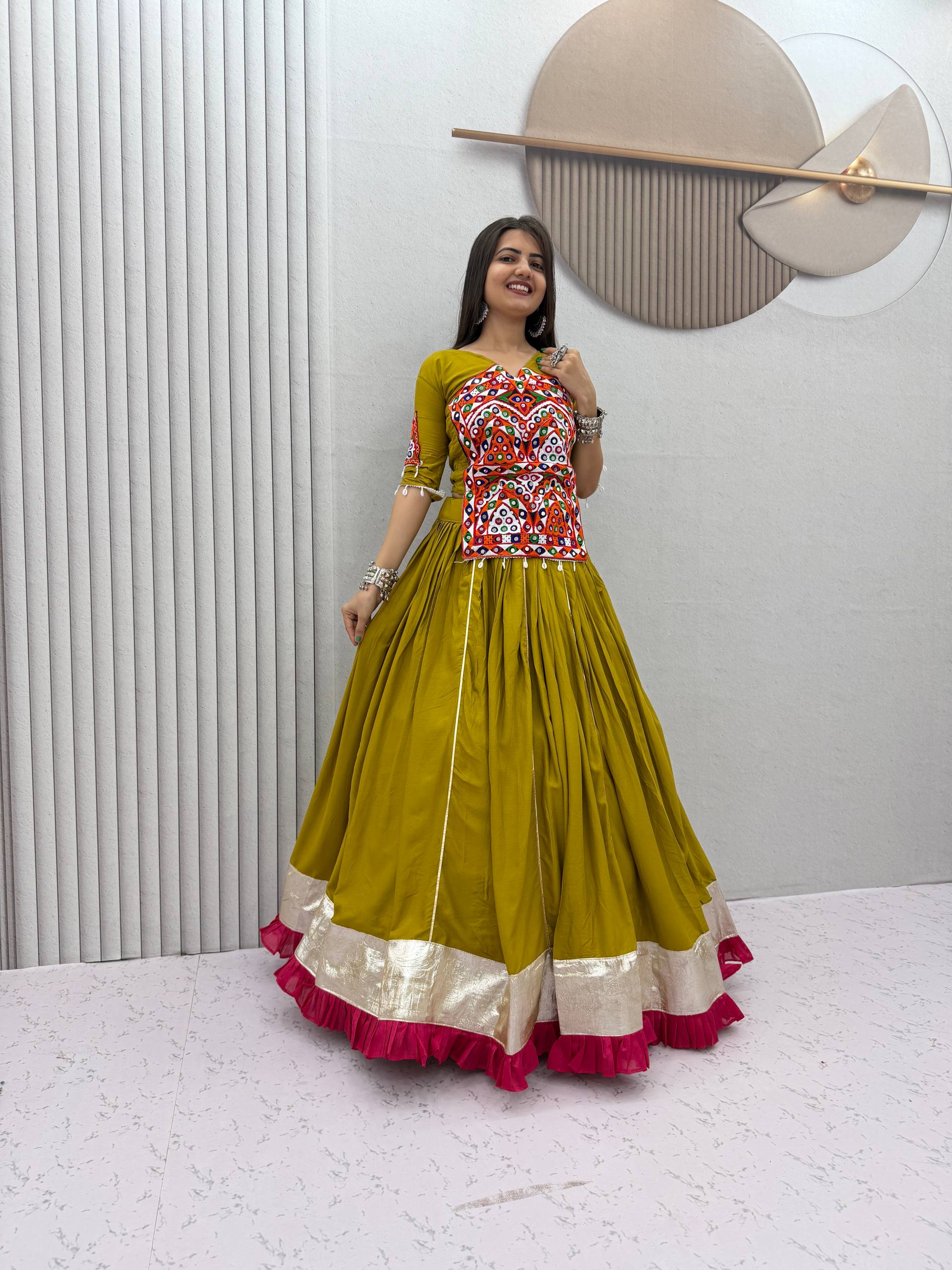 Garvi Olive Kutchi Gamthi & Mirror Work Lehenga Choli Set