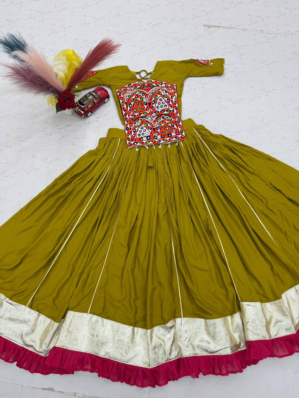 Garvi Olive Kutchi Gamthi & Mirror Work Lehenga Choli Set