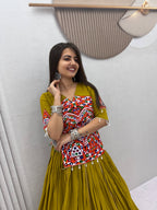 Garvi Olive Kutchi Gamthi & Mirror Work Lehenga Choli Set