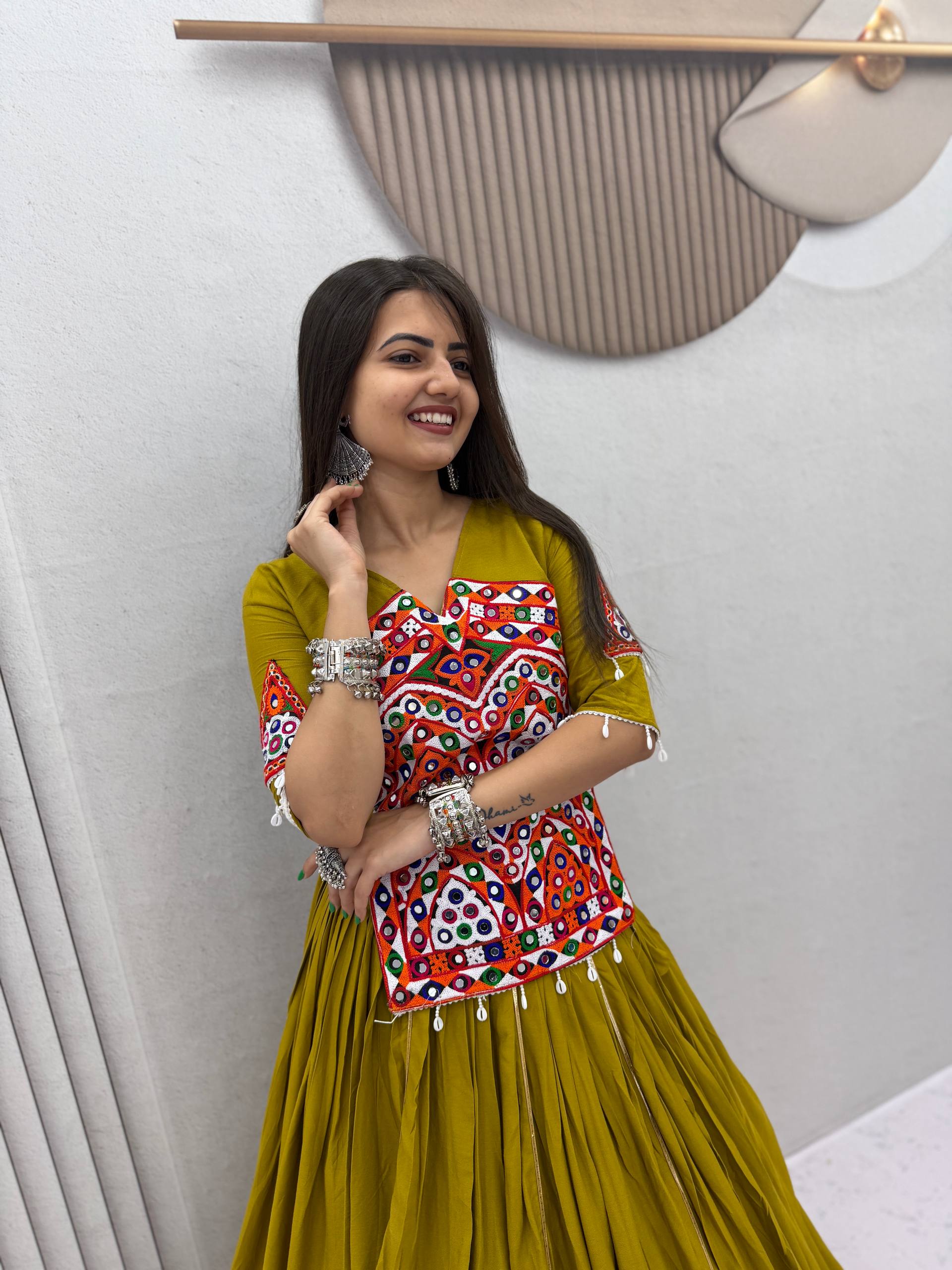 Garvi Olive Kutchi Gamthi & Mirror Work Lehenga Choli Set