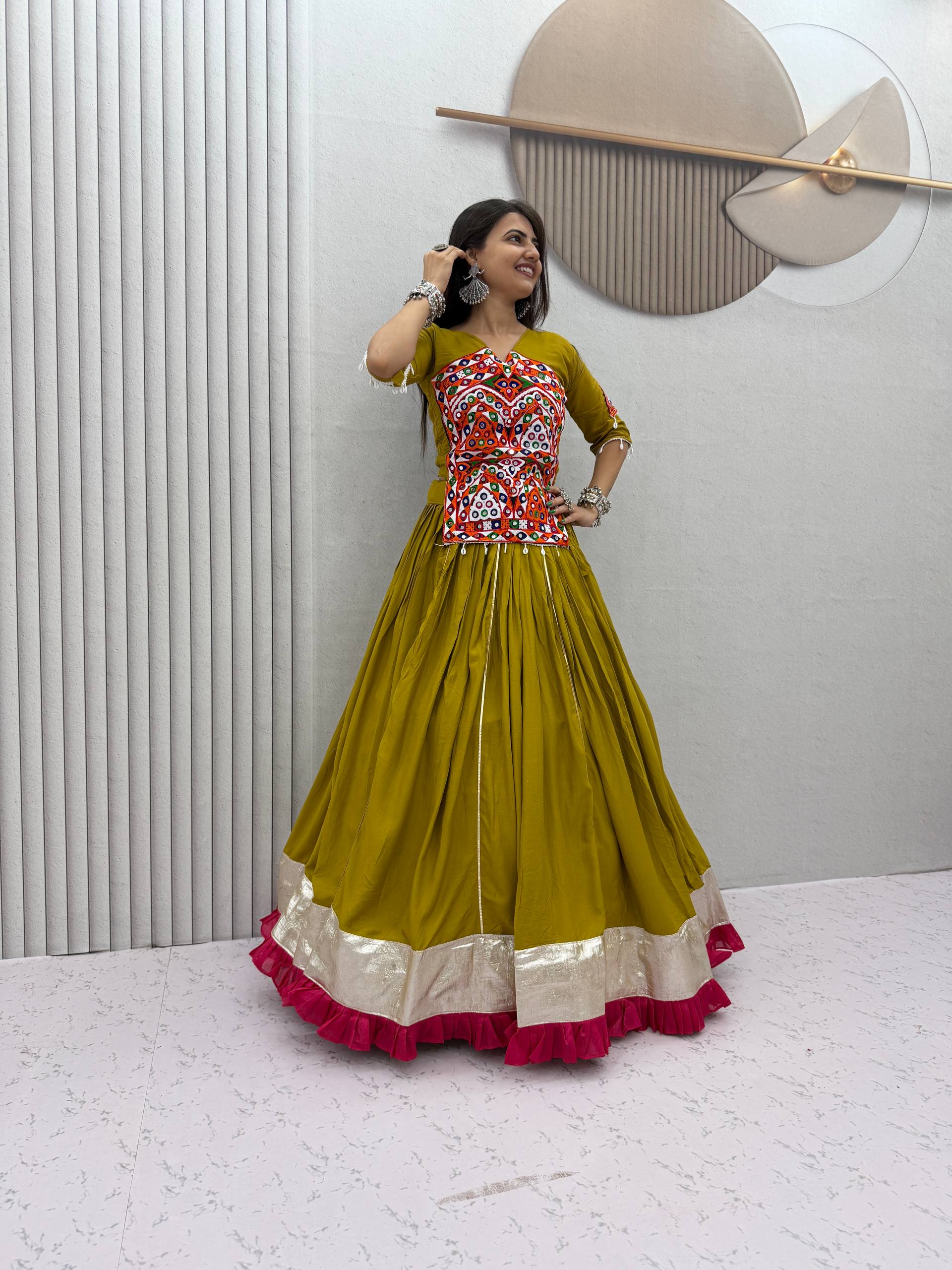 Garvi Olive Kutchi Gamthi & Mirror Work Lehenga Choli Set