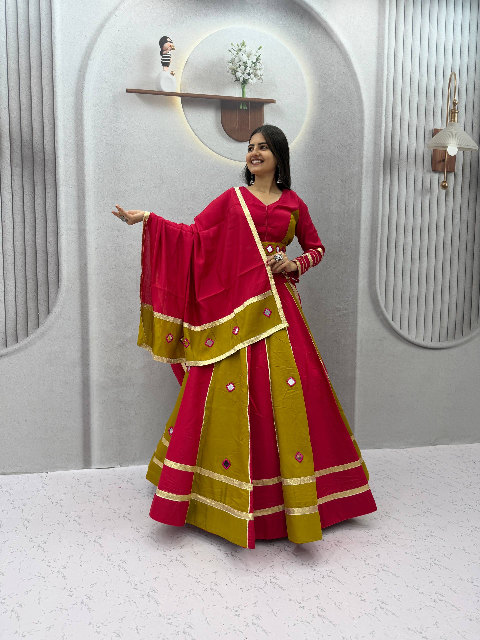 Jhilmil Roman Silk Lehenga Choli Set with Mirror Work for Women