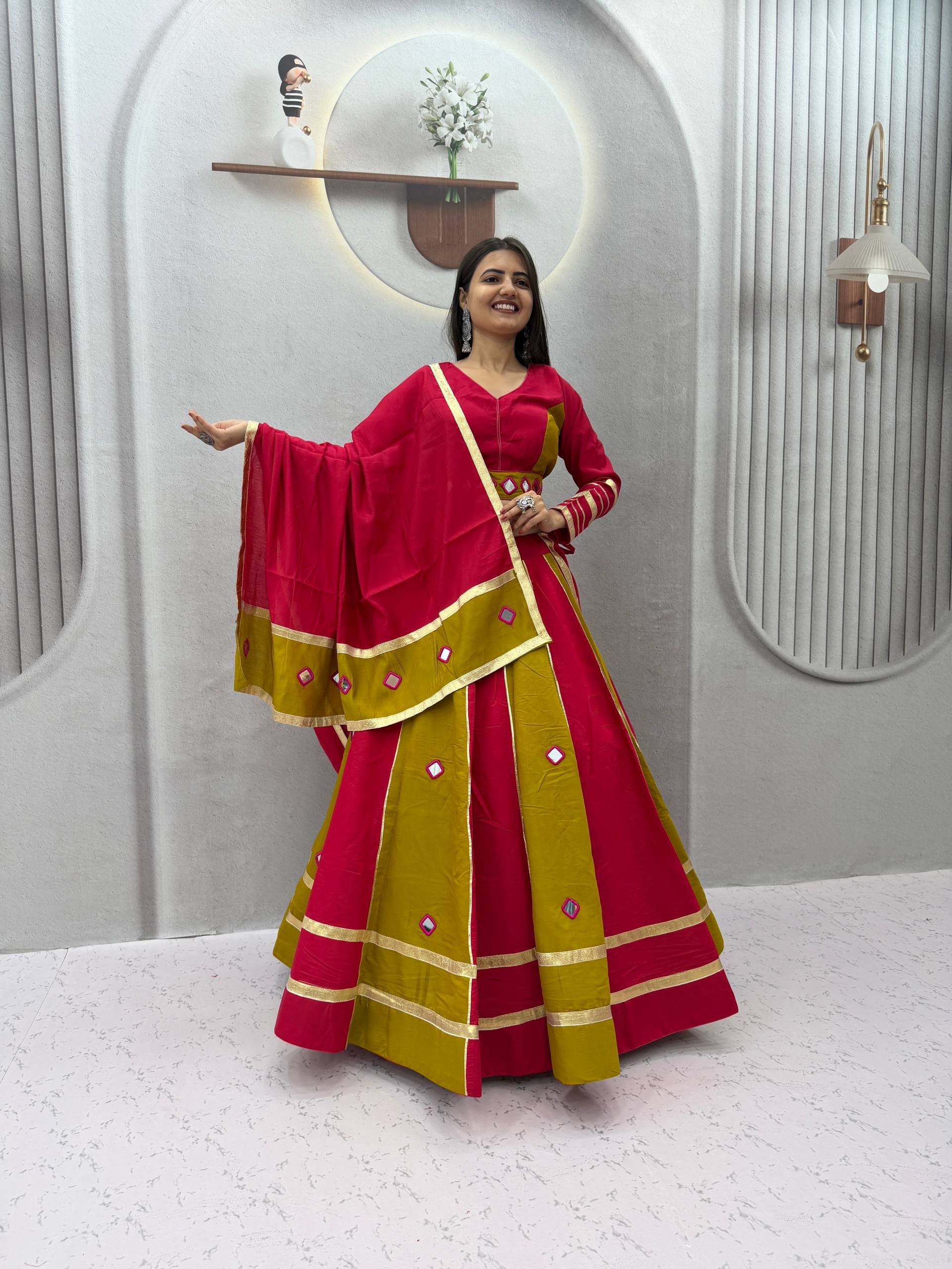 Jhilmil Roman Silk Lehenga Choli Set with Mirror Work for Women
