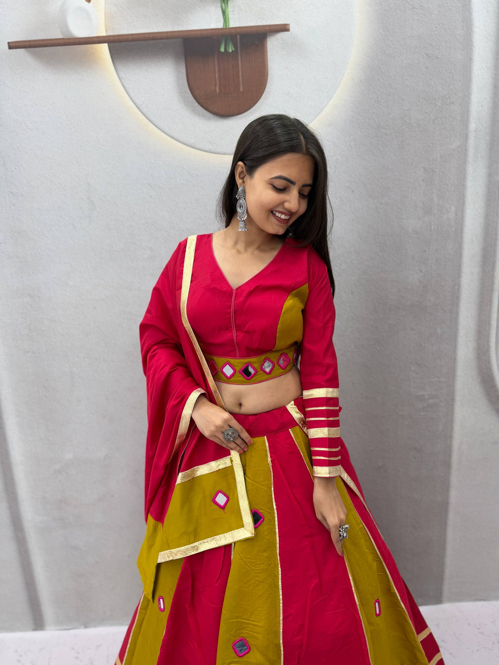 Jhilmil Roman Silk Lehenga Choli Set with Mirror Work for Women