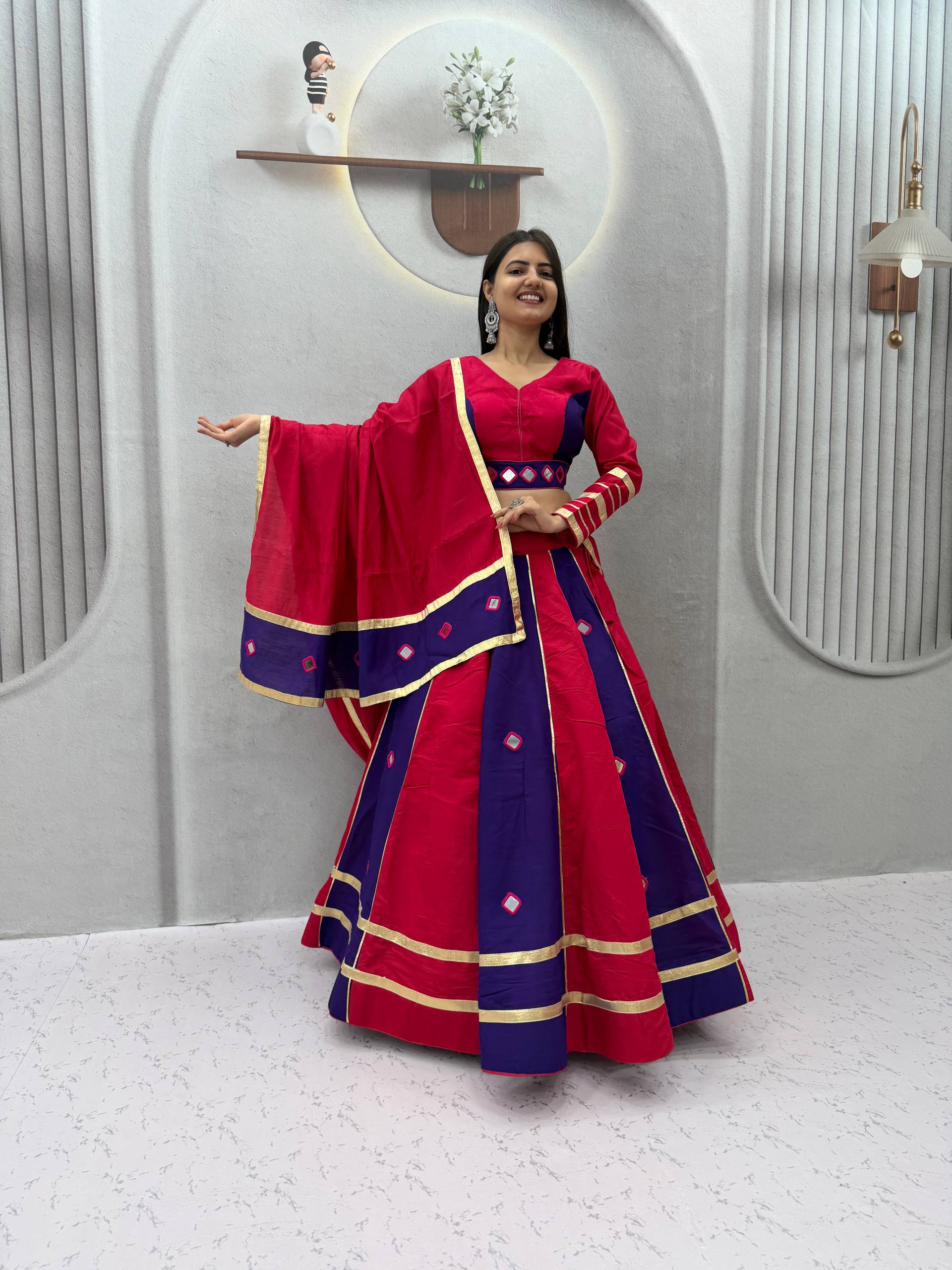 Jhilmil Roman Silk Lehenga Choli Set with Mirror Work for Women
