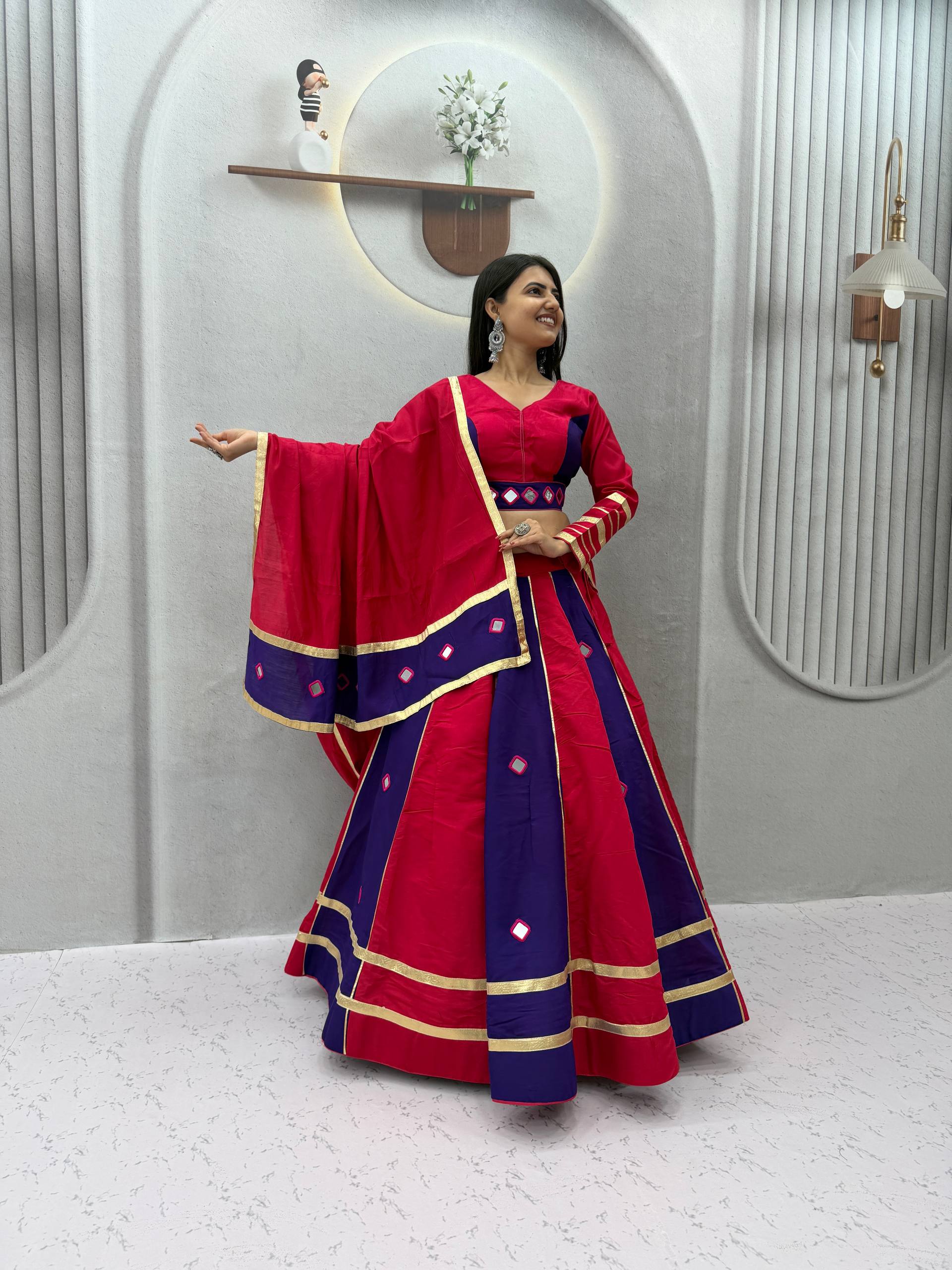 Jhilmil Roman Silk Lehenga Choli Set with Mirror Work for Women
